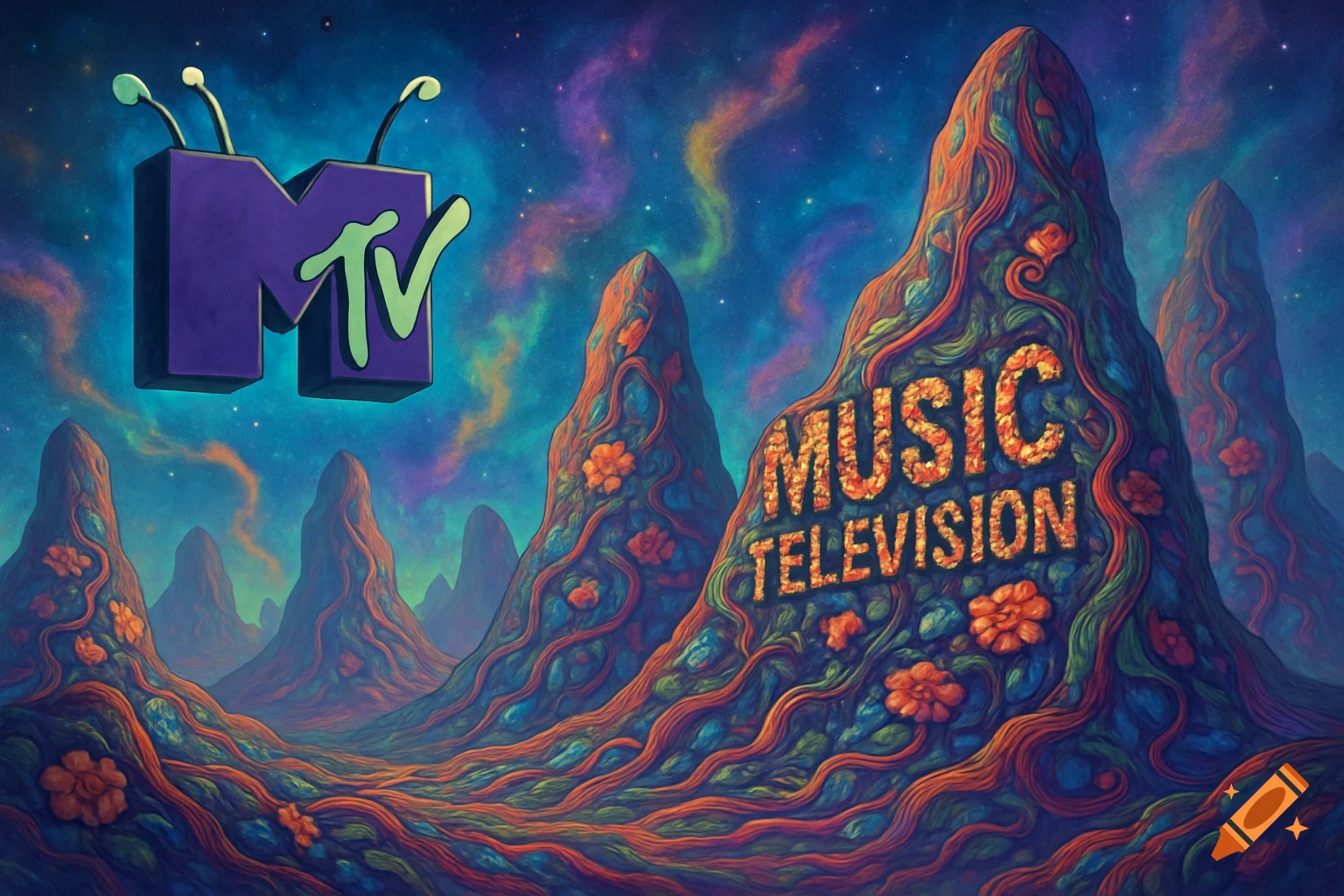 A vibrant, psychedelic alien landscape with colorful, root-like mountains. An MTV logo with bug antennae floats above, and the words 'MUSIC TELEVISION' are carved into a mountain.