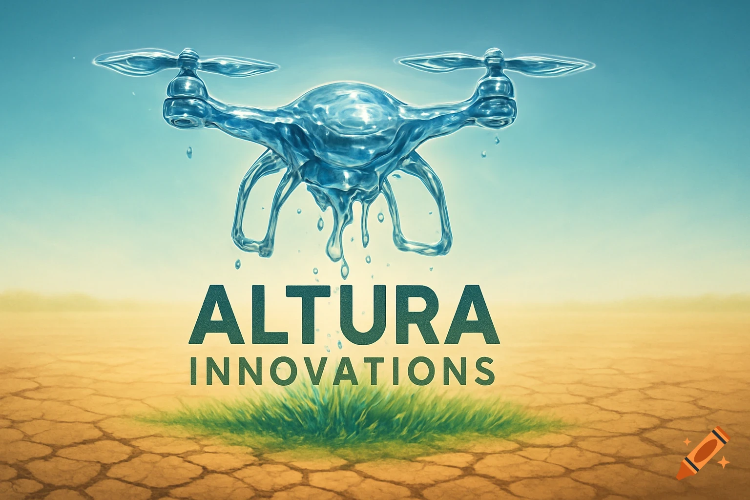 A stylized drone made of dripping water hovers above cracked, dry earth where a patch of green grass grows, with the words "ALTURA INNOVATIONS" beneath it.