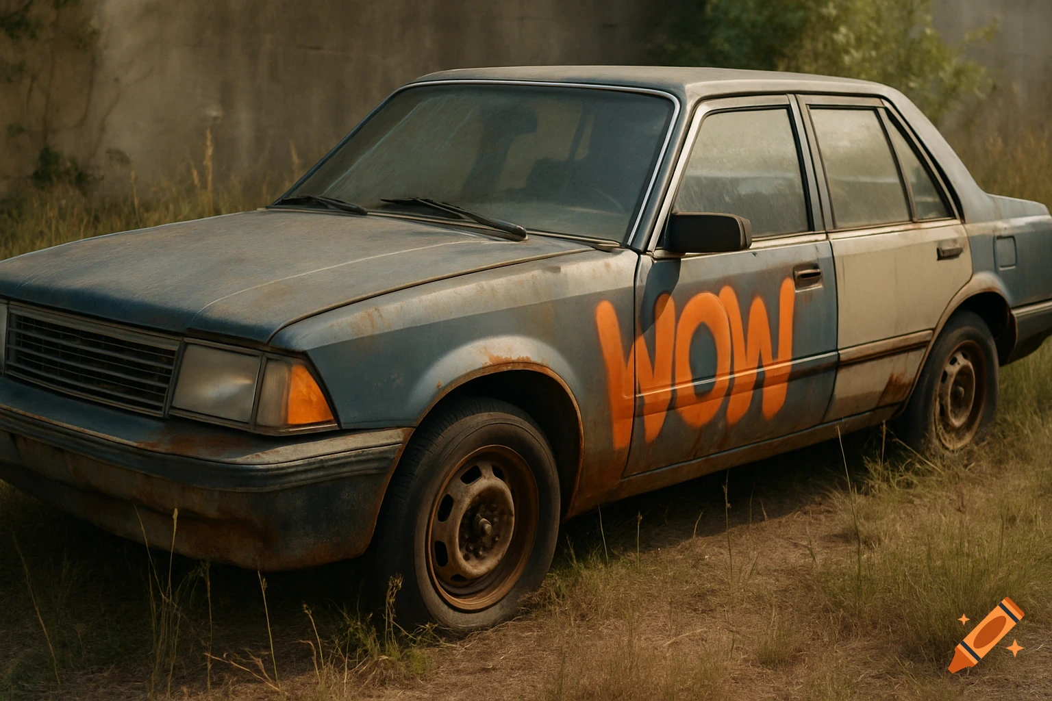 A rusty, blue and white car with the word 'WOW' spray-painted in orange on its side, parked on grass.