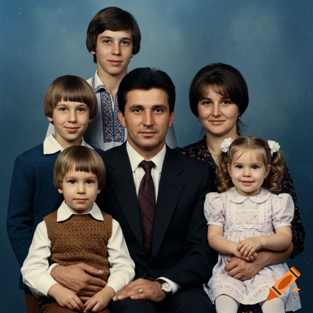 Vintage family portrait of a father, mother, and four children posing against a blue background.