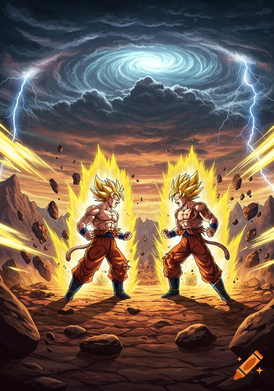 Two anime characters resembling Goku as Super Saiyan powering up in a rocky, stormy landscape with lightning.
