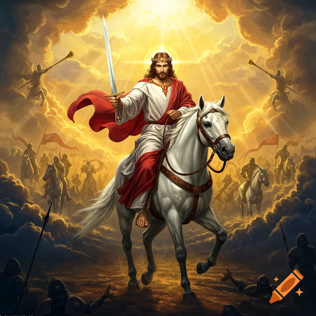 Jesus Christ on white horse with sword, leading an army through golden clouds with heavenly light and trumpeting angels.