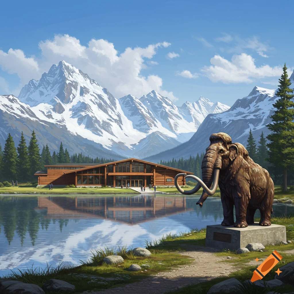 A majestic woolly mammoth statue stands beside a tranquil mountain lake, with a log cabin visitor center and snow-covered peaks under a blue sky.