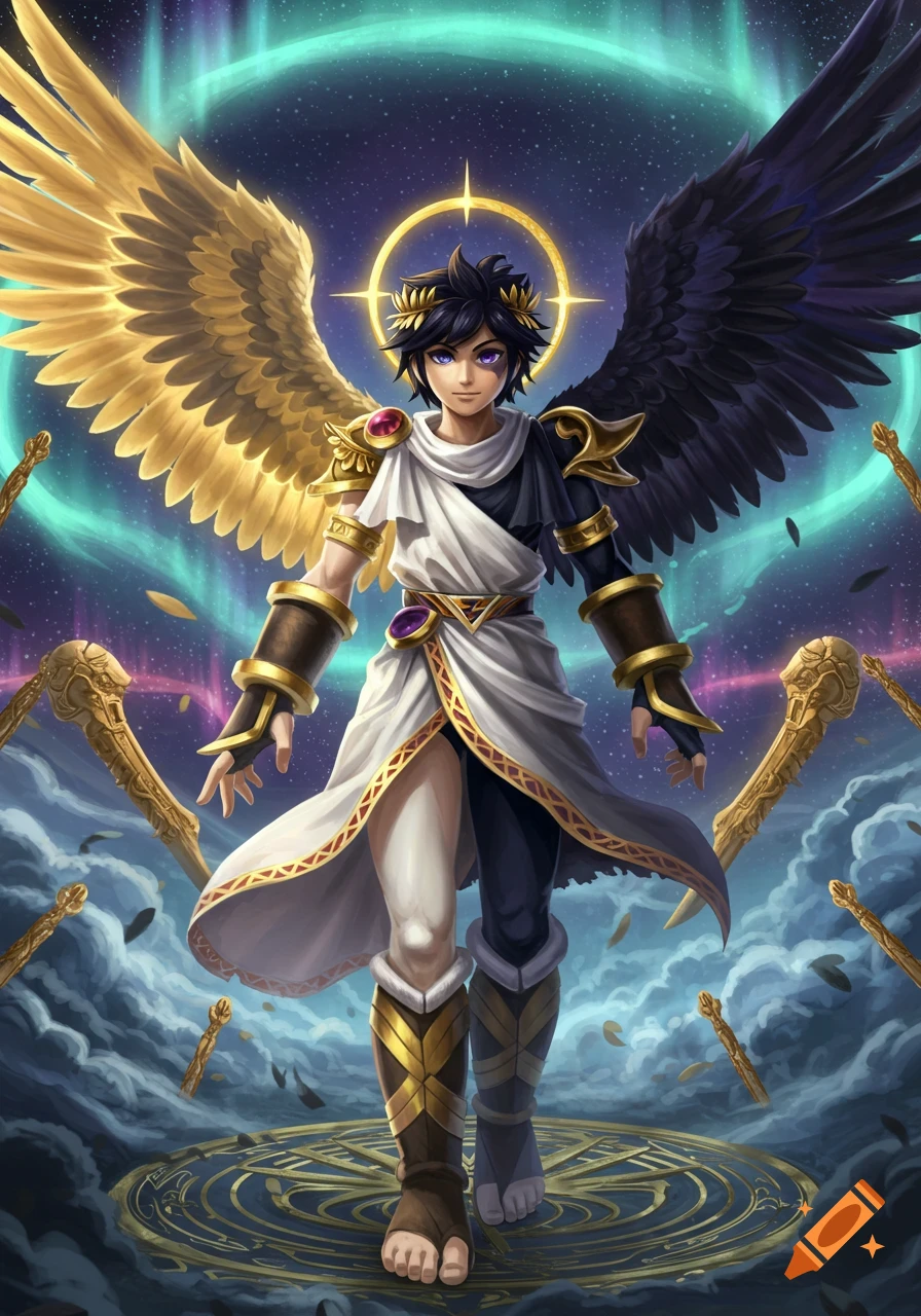 A male character with split features: golden wing, white tunic on the left, dark wing, dark tunic on the right, halo, standing on a glowing symbol.