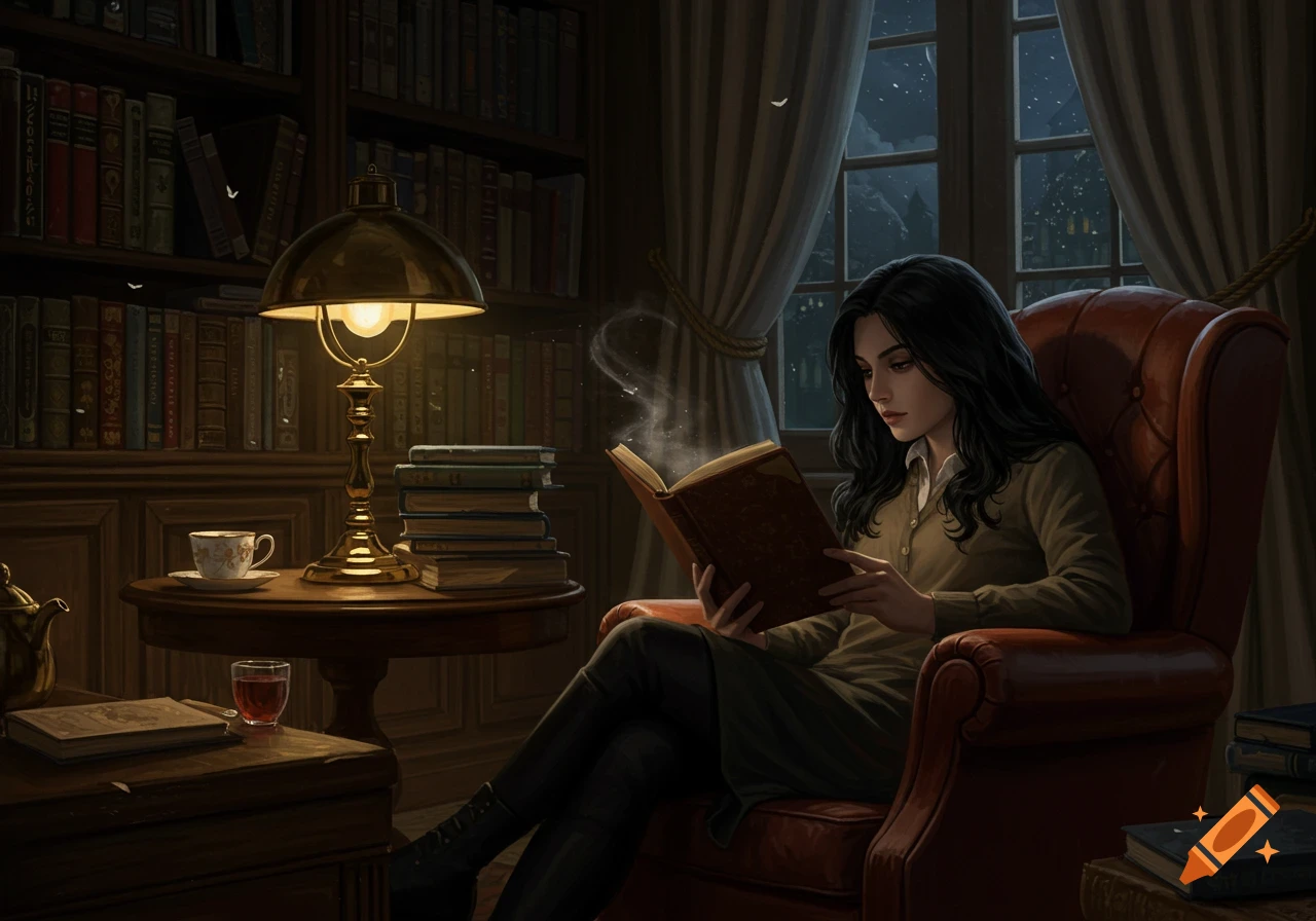 An illustrated dark-haired woman reads a glowing book in a cozy armchair by a lamp in a library at night.