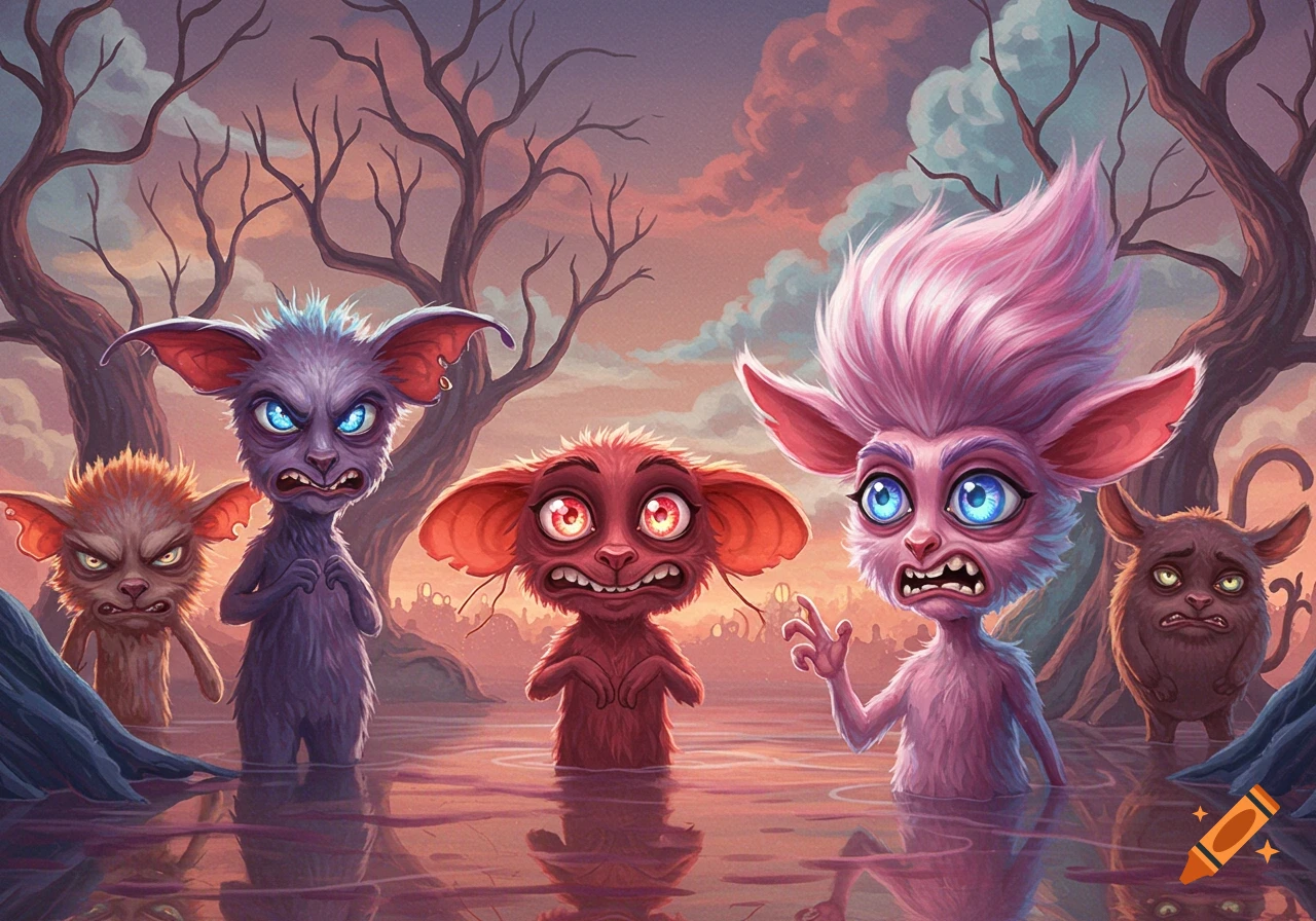Five angry, colorful cartoon creatures stand in shallow water in a swampy, stylized landscape at sunset.