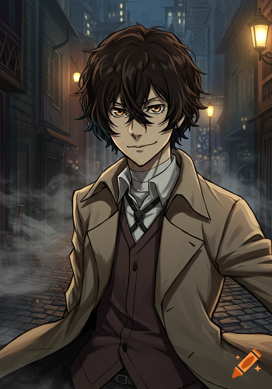 An anime man with dark messy hair and amber eyes, smirking in a trench coat on a misty, gas-lit city street at night.