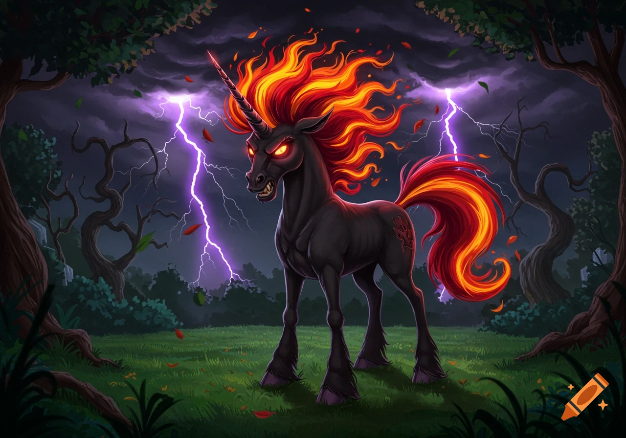 A cartoon illustration of an evil black unicorn with a fiery mane and tail, glowing eyes, standing in a stormy forest with purple lightning.
