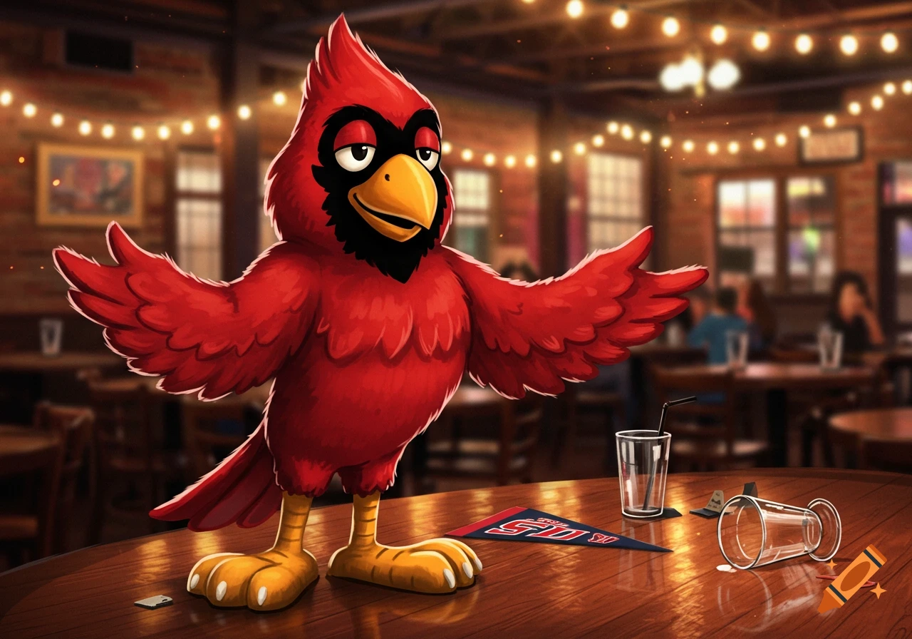 A red cardinal mascot with a dazed expression stands on a wooden bar counter. Next to it are an empty glass, a knocked-over glass, and a blue pennant with 'SIU' text. The background is a dimly lit bar.