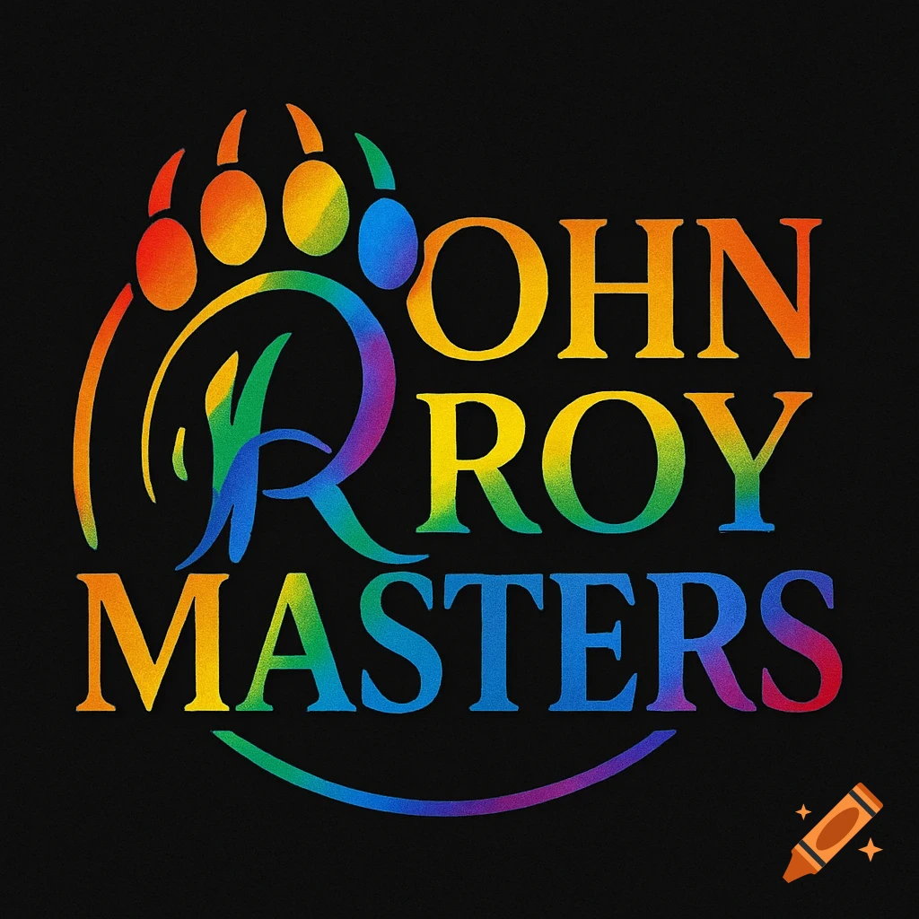 A vibrant rainbow-colored logo featuring a bear paw print and the text 'JOHN ROY MASTERS' on a black background.