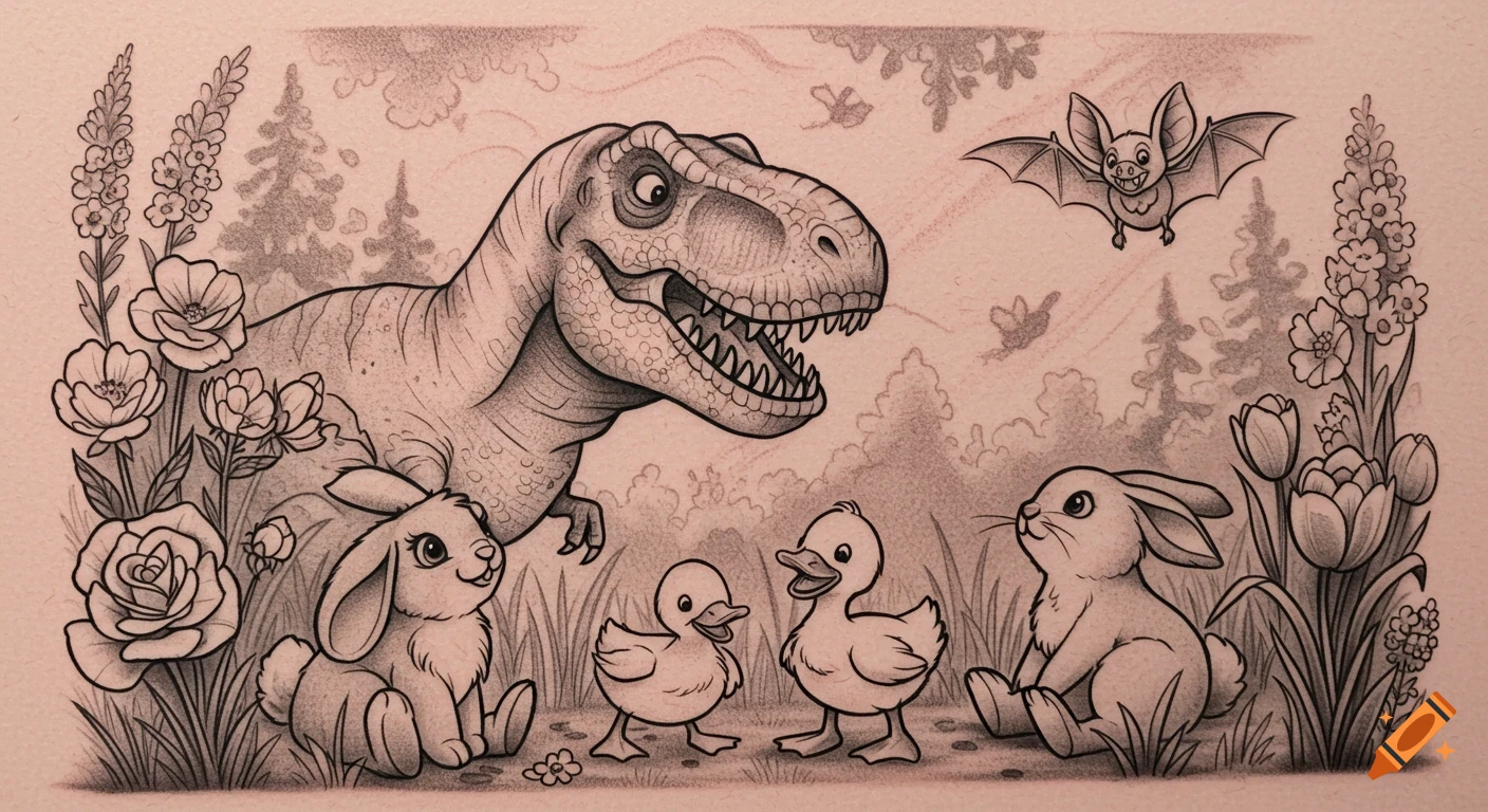 Black and white cartoon drawing of a smiling T-Rex, two bunnies, two ducklings, and a bat among flowers and trees.