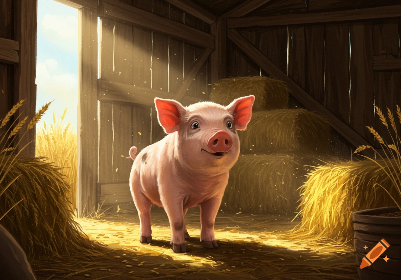 A happy-looking pink piglet stands in a sunlit barn filled with straw and hay bales.