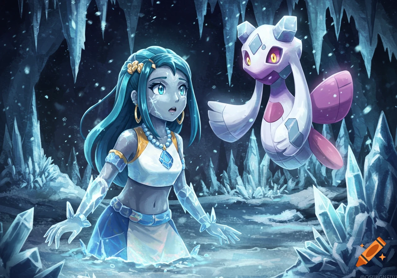An anime girl with ice skin and blue hair in an icy cave, looking at a floating white and purple Froslass Pokémon.