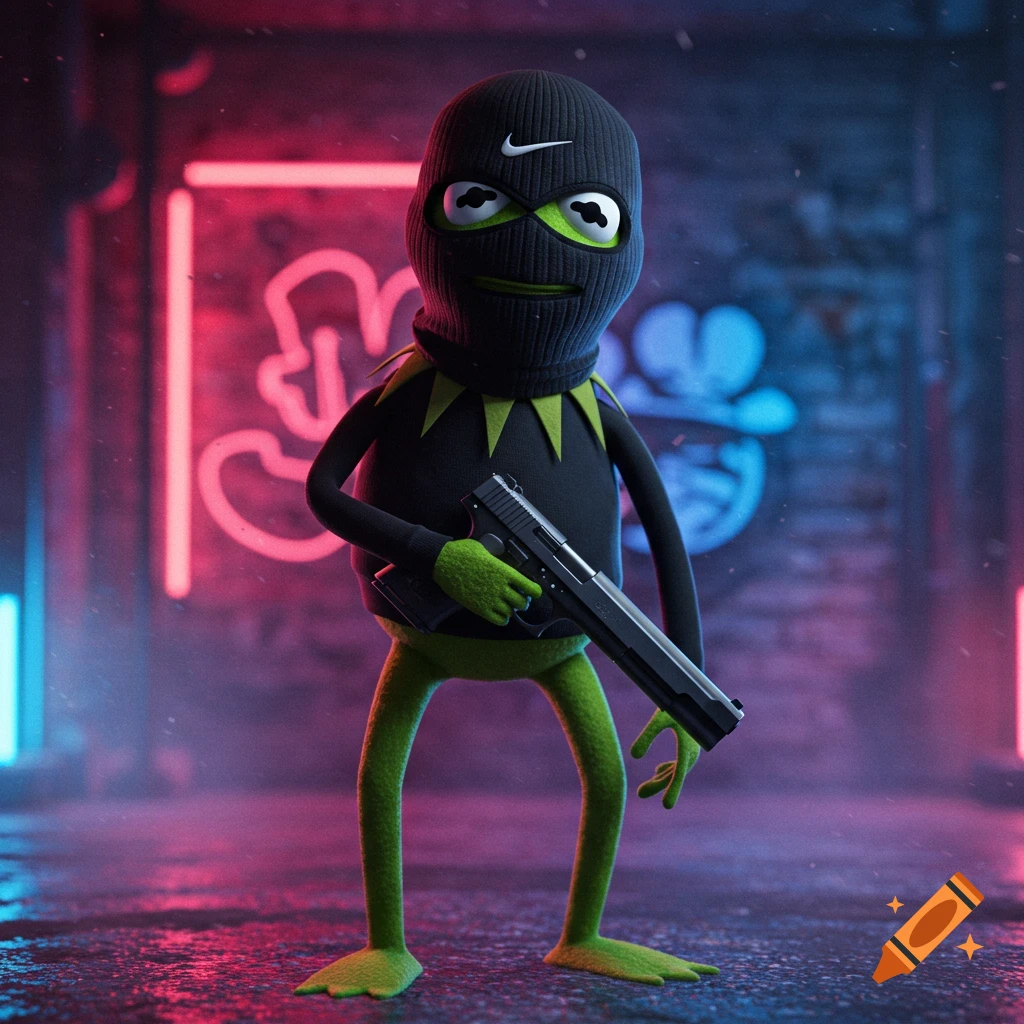 3D render of Kermit the Frog wearing a black ski mask with a white Nike logo, holding a pistol in a neon-lit urban alley.