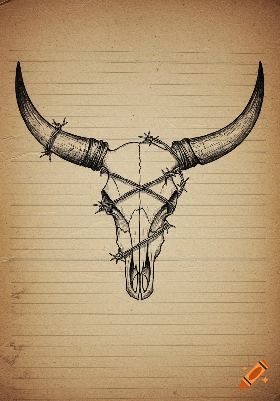 A sketch drawing of a cow skull wrapped with barbed wire, on lined paper.