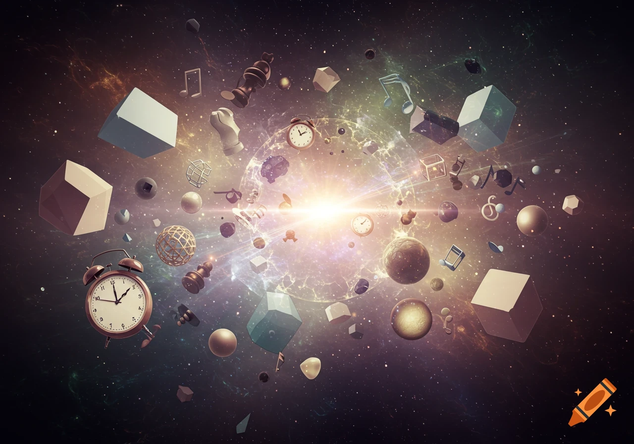 A conceptual image of clocks, chess pieces, musical notes, and geometric shapes floating around a bright light in deep space.