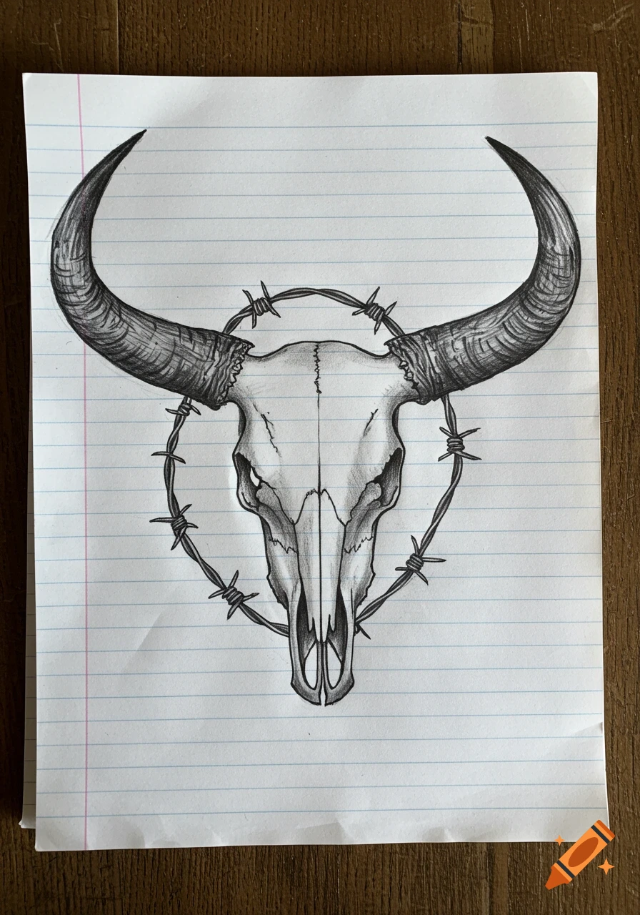 A pencil sketch of a cow skull with large horns and barbed wire on a piece of lined paper.