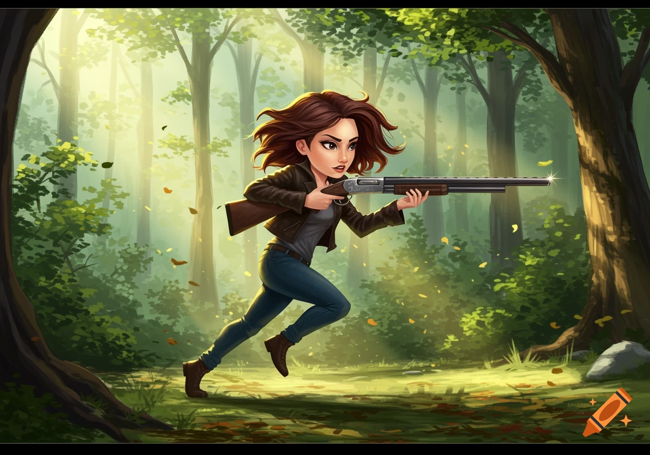 A cartoon woman with brown hair runs through a bright forest, holding a shotgun. The style is an illustration.