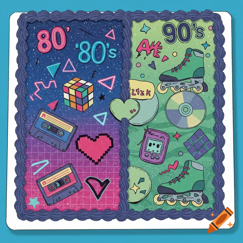 A colorful sheet cake decorated with a split design, one side representing the 80s with a Rubik's Cube and cassette tapes, and the other representing the 90s with rollerblades and a CD, all in a vibrant, cartoonish style.