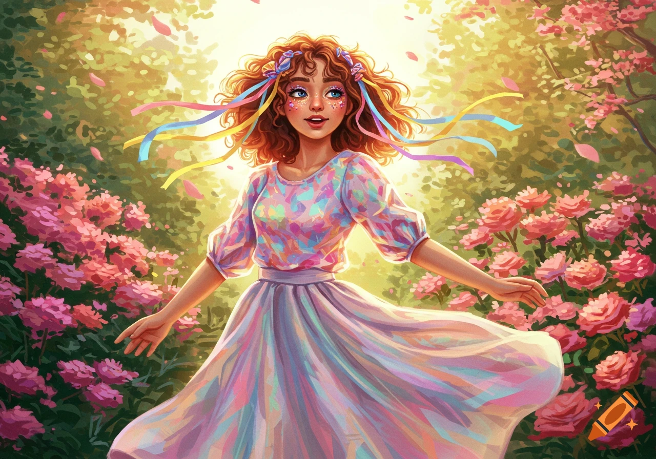 A vibrant illustration of a young woman with curly red hair and colorful ribbons, standing in a sunny garden with pink flowers.