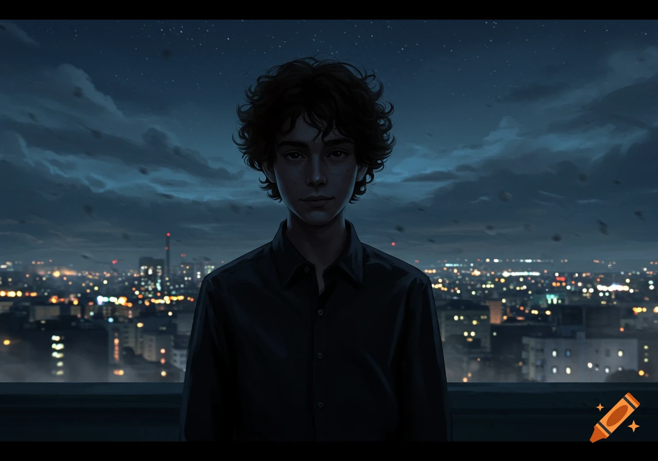 A stylized portrait of a dark-haired boy in a black shirt standing on a rooftop at night, with a moody cloudy sky and glowing city lights in the background.