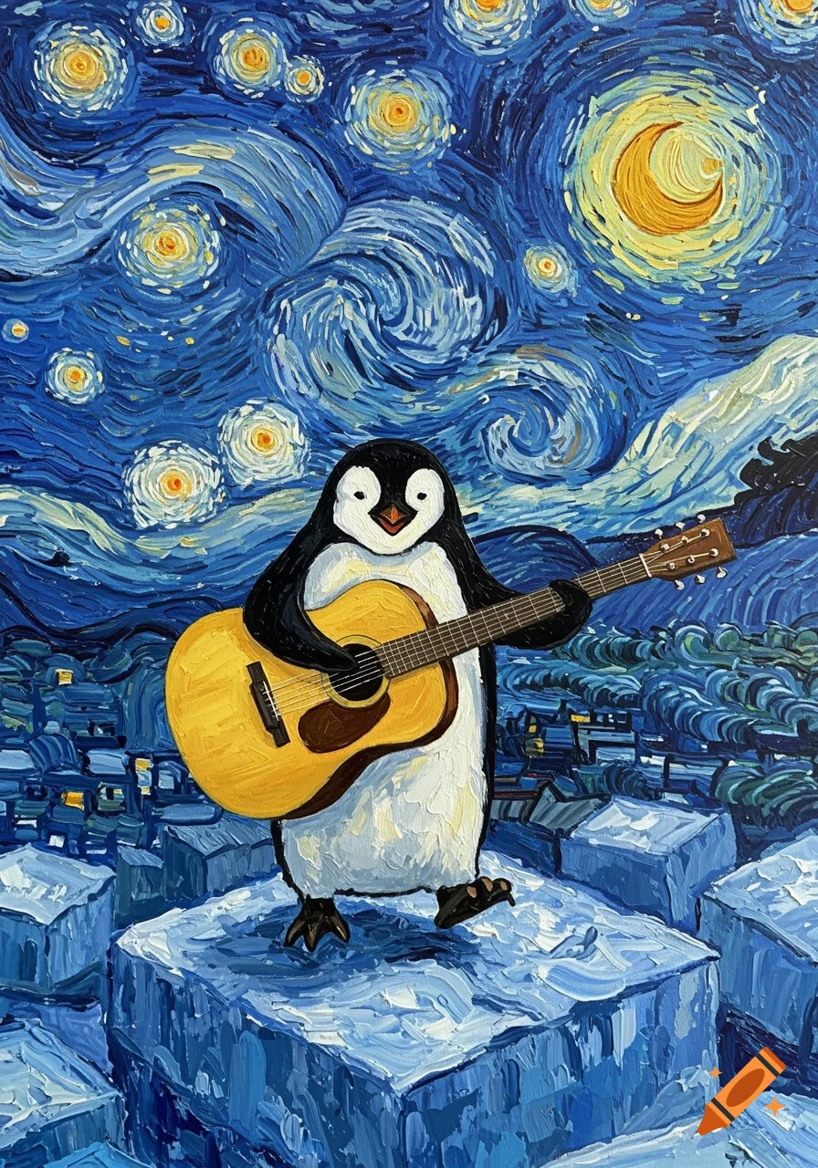 A penguin plays a guitar, standing on ice blocks under a swirling, starry night sky in the style of Van Gogh.