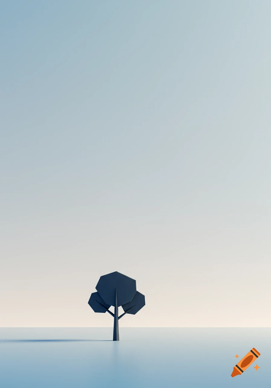 A dark, stylized geometric tree stands alone on a light blue ground, under a pastel gradient sky, in a minimalist illustration.