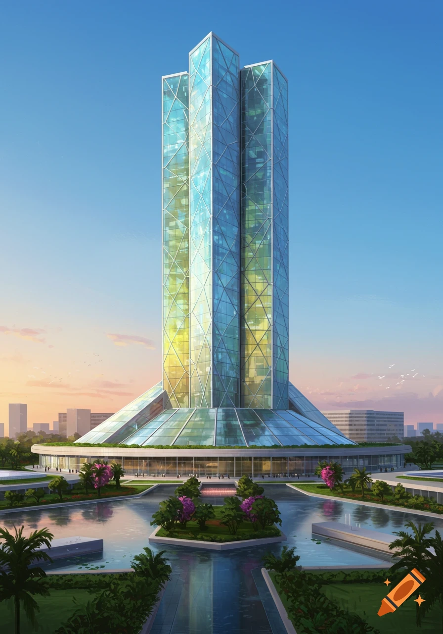 A tall, modern glass skyscraper with multiple towers and a wide base, surrounded by reflective pools and gardens under a clear sky.