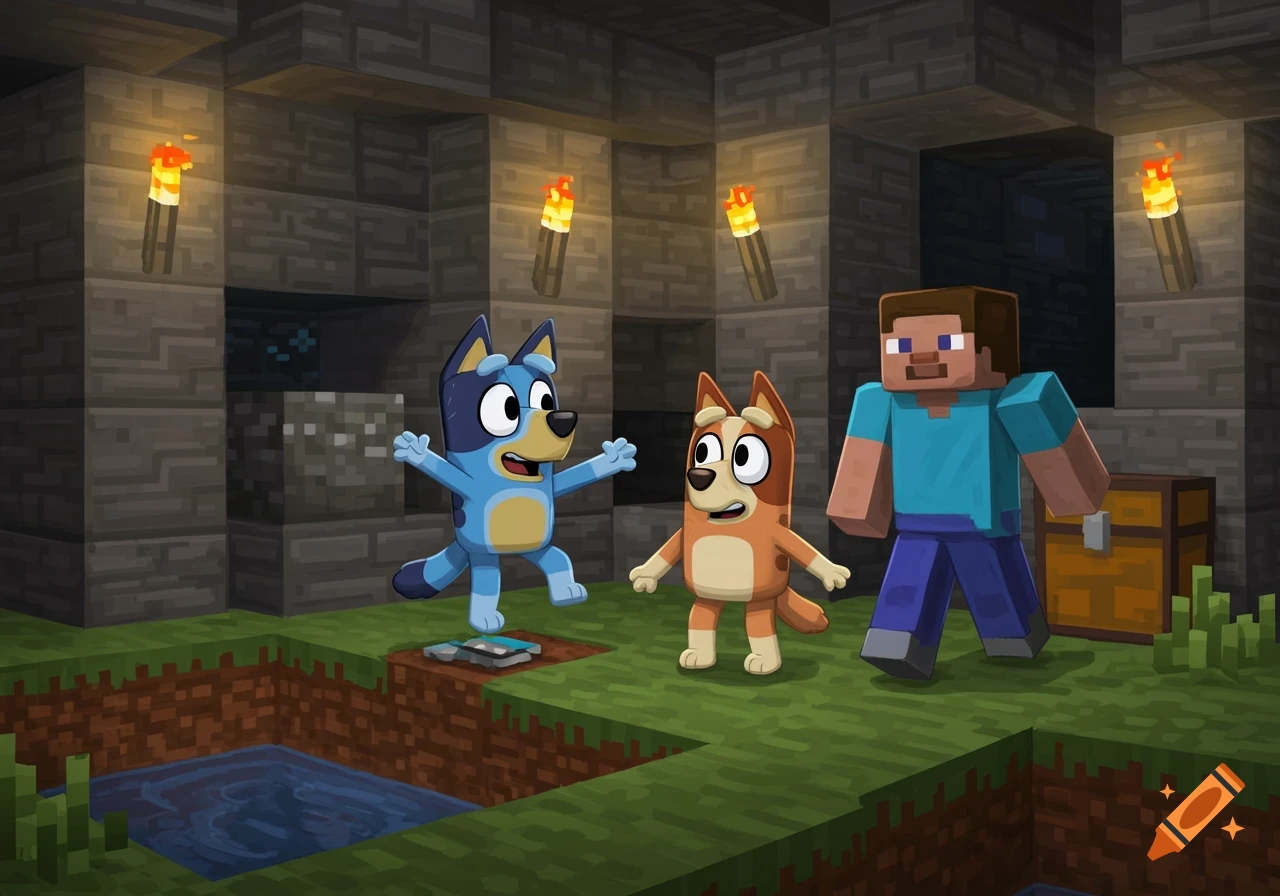 Bluey and Bingo characters with Steve from Minecraft exploring a torch-lit cave with a water pit and a chest.