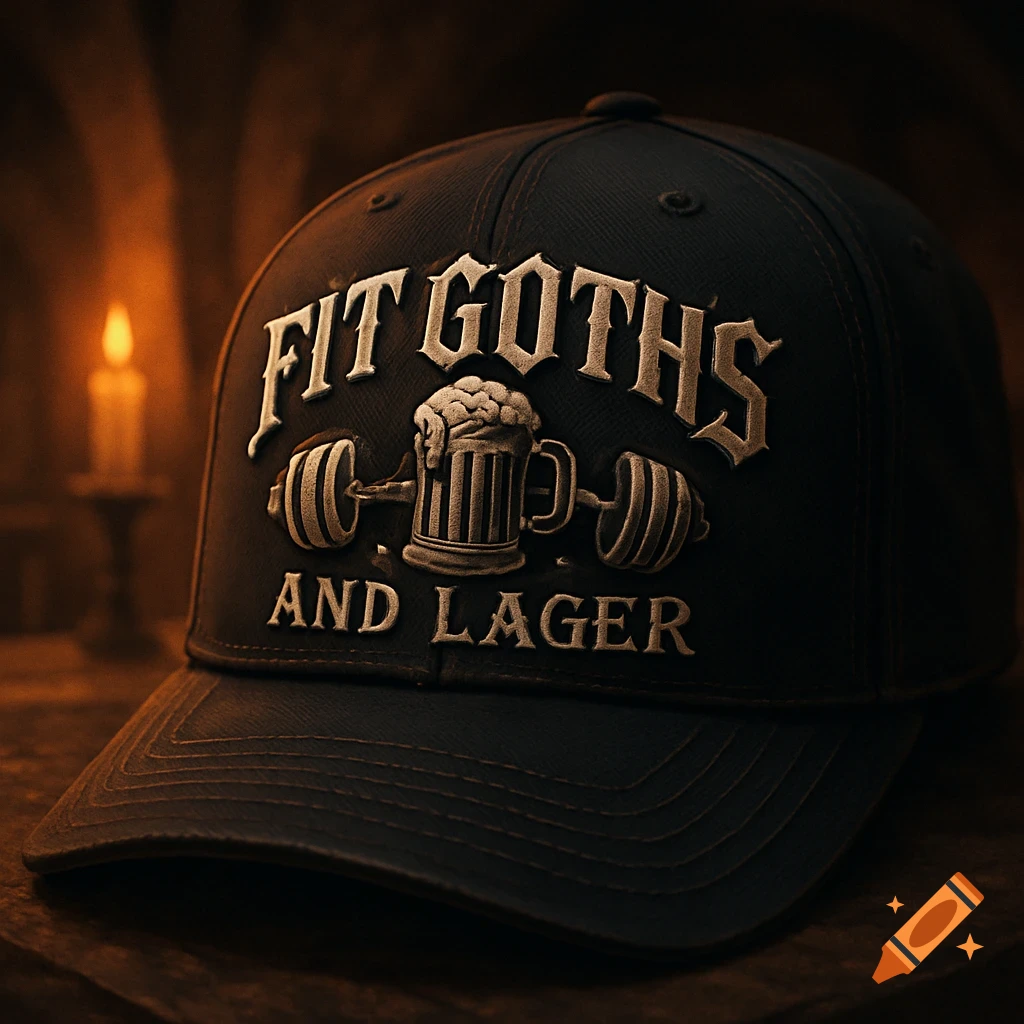 A close-up shot of a dark baseball cap with the words 'FIT GOTHS AND LAGER' and a logo featuring a beer mug and barbells.