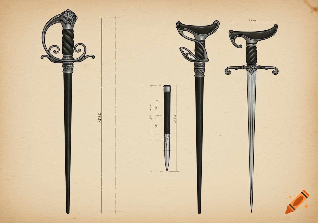 A detailed blueprint illustration of a rapier, a cane sword, and a dagger with measurements on a vintage paper background.