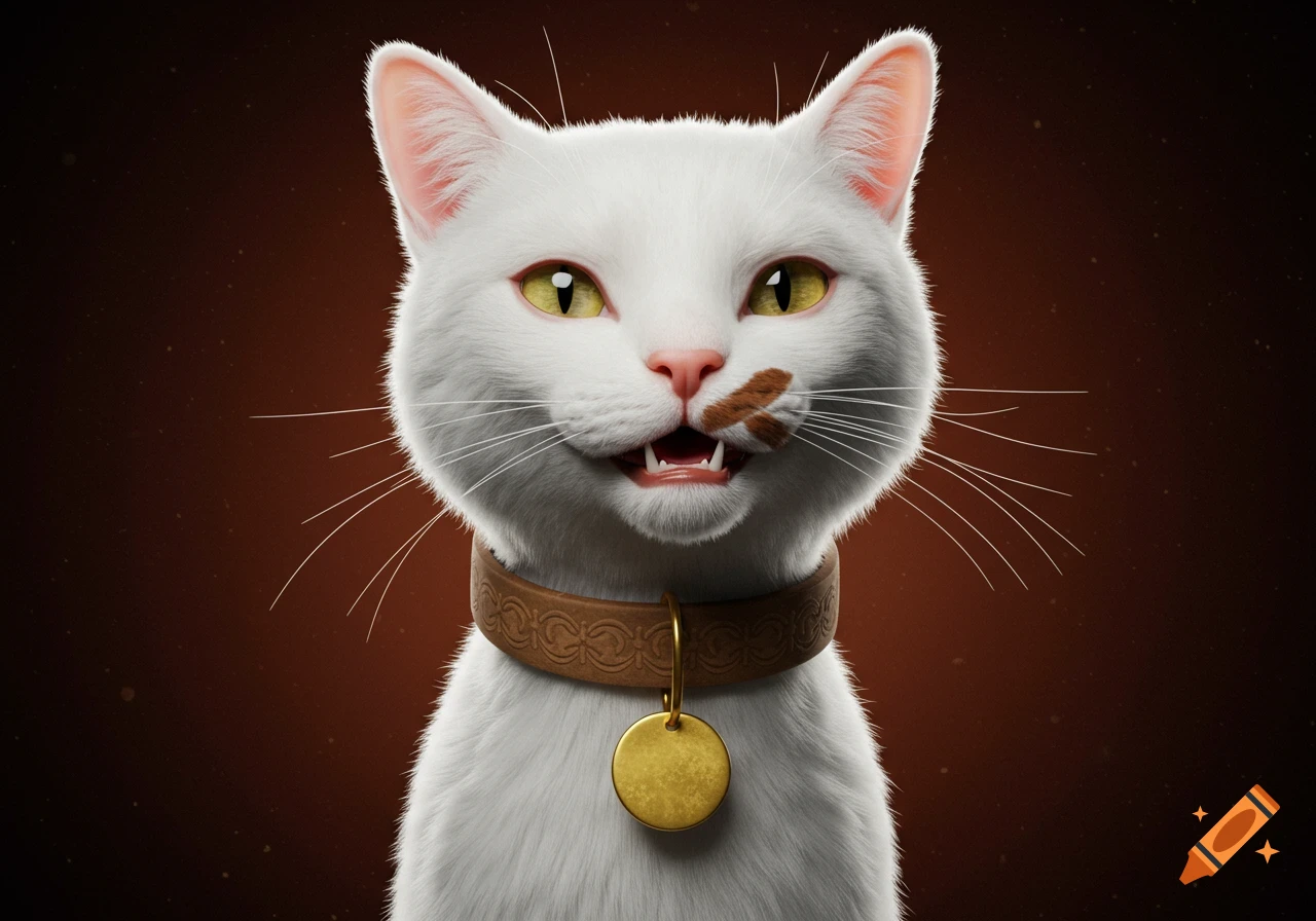 A photorealistic 3D render of a white cat wearing a brown collar and a gold tag, with a brown smudge on its mouth.