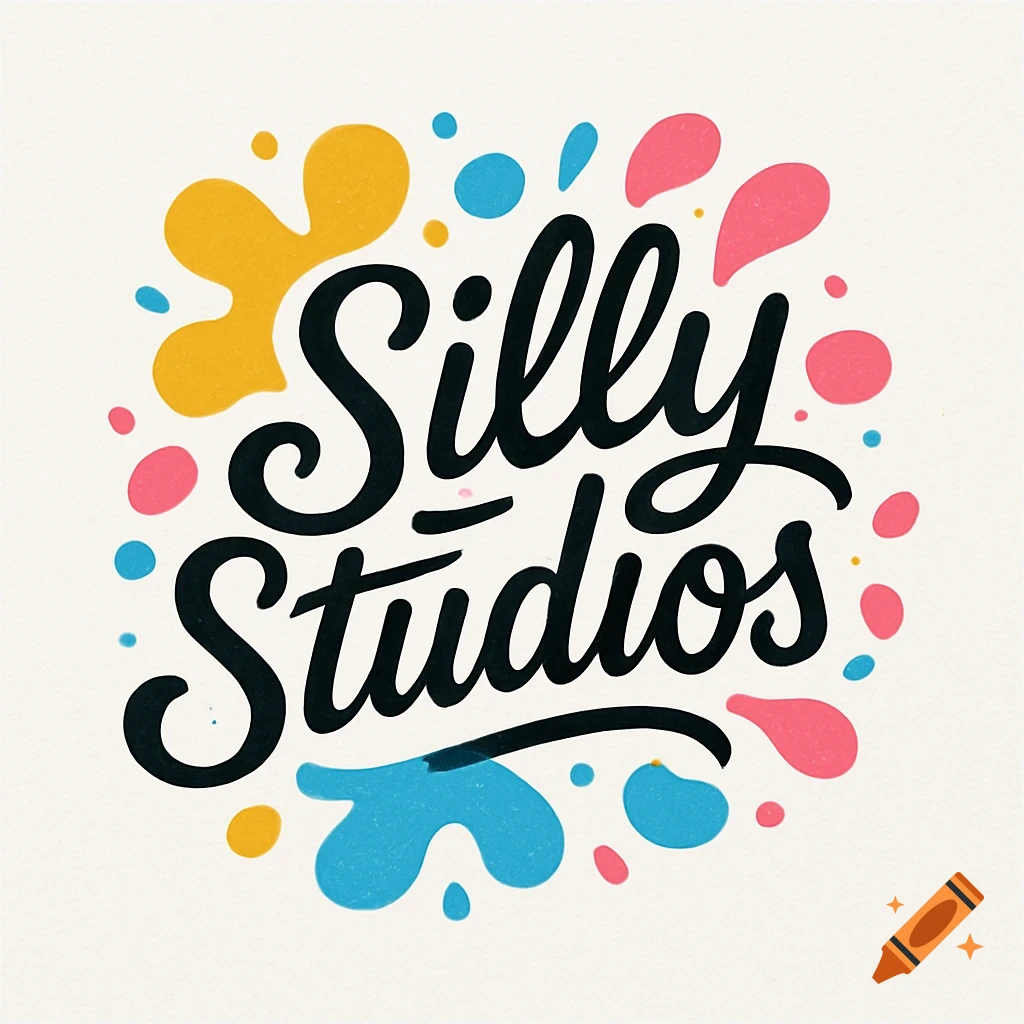 A logo featuring the words 'Silly Studios' in black cursive text, surrounded by colorful abstract ink splatters and dots.