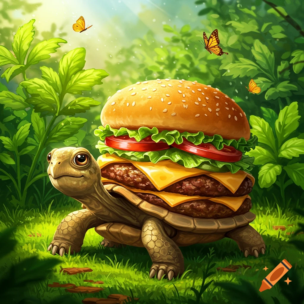 A whimsical cartoon illustration of a turtle with a double-patty cheeseburger for a shell, walking through a vibrant green forest with butterflies.