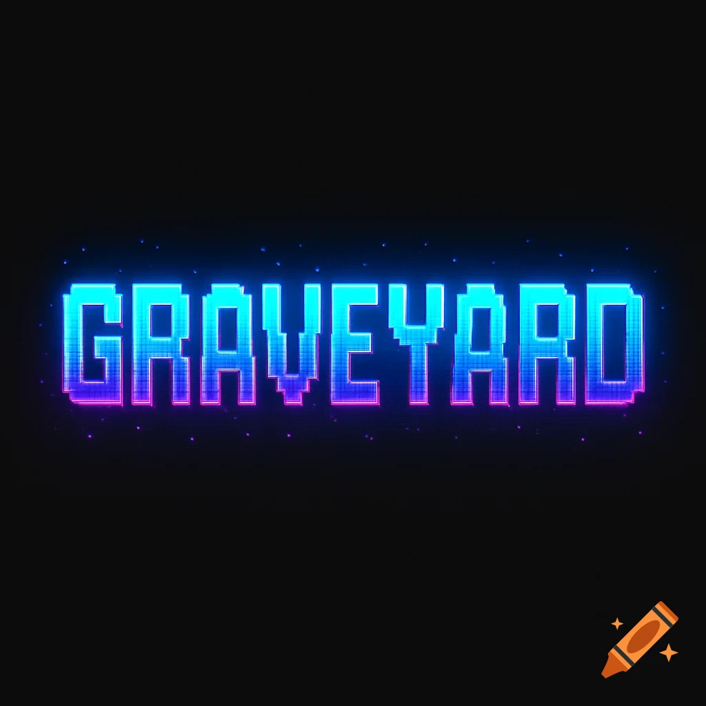 A pixelated neon logo displaying the word GRAVEYARD in bright blue and purple colors.