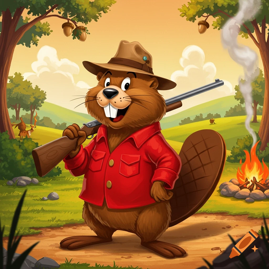 A smiling cartoon beaver wearing a hat and red shirt, holding a rifle, stands in a forest with a campfire.