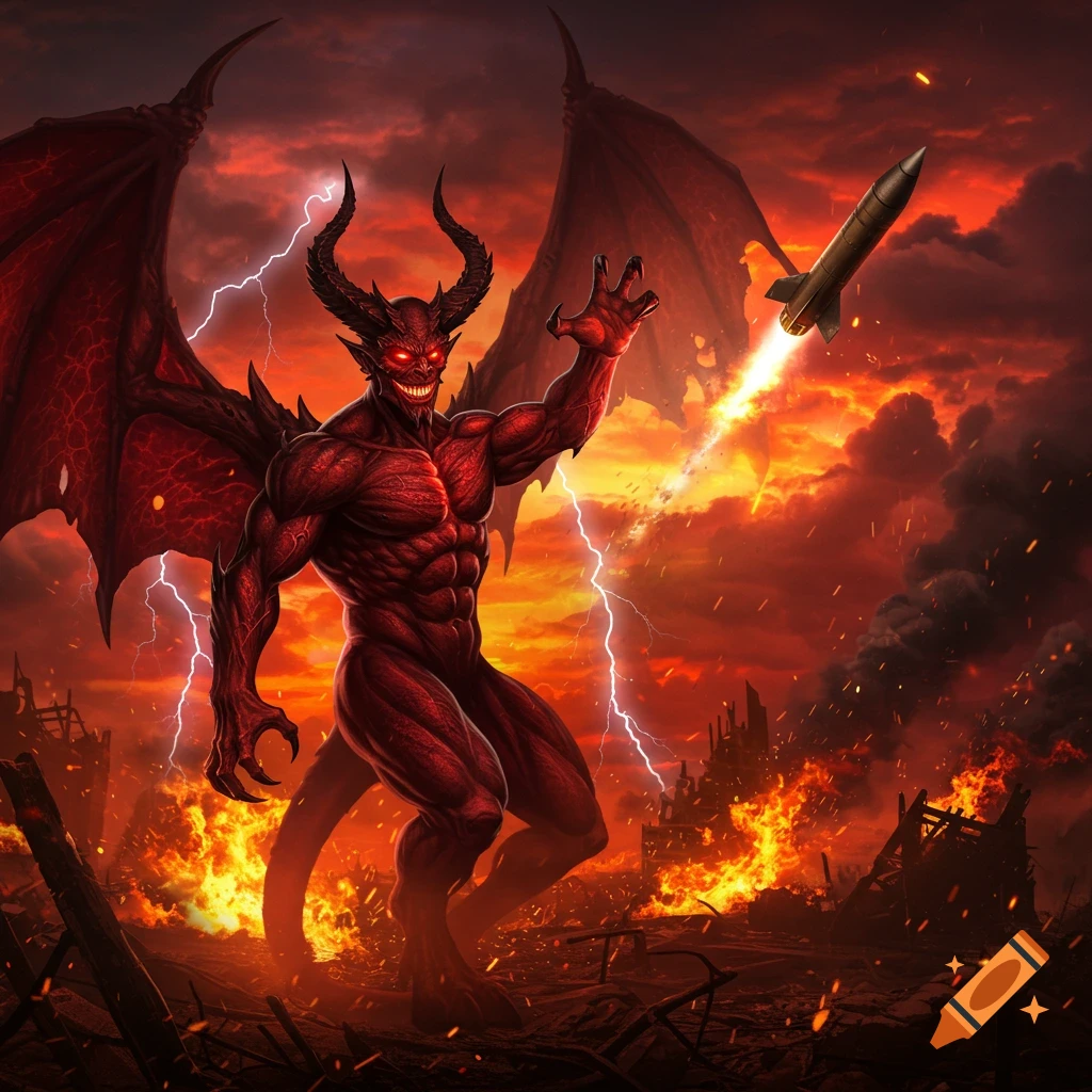 A red demon with horns and wings, smiling and reaching out for a missile flying through a fiery, destroyed landscape.