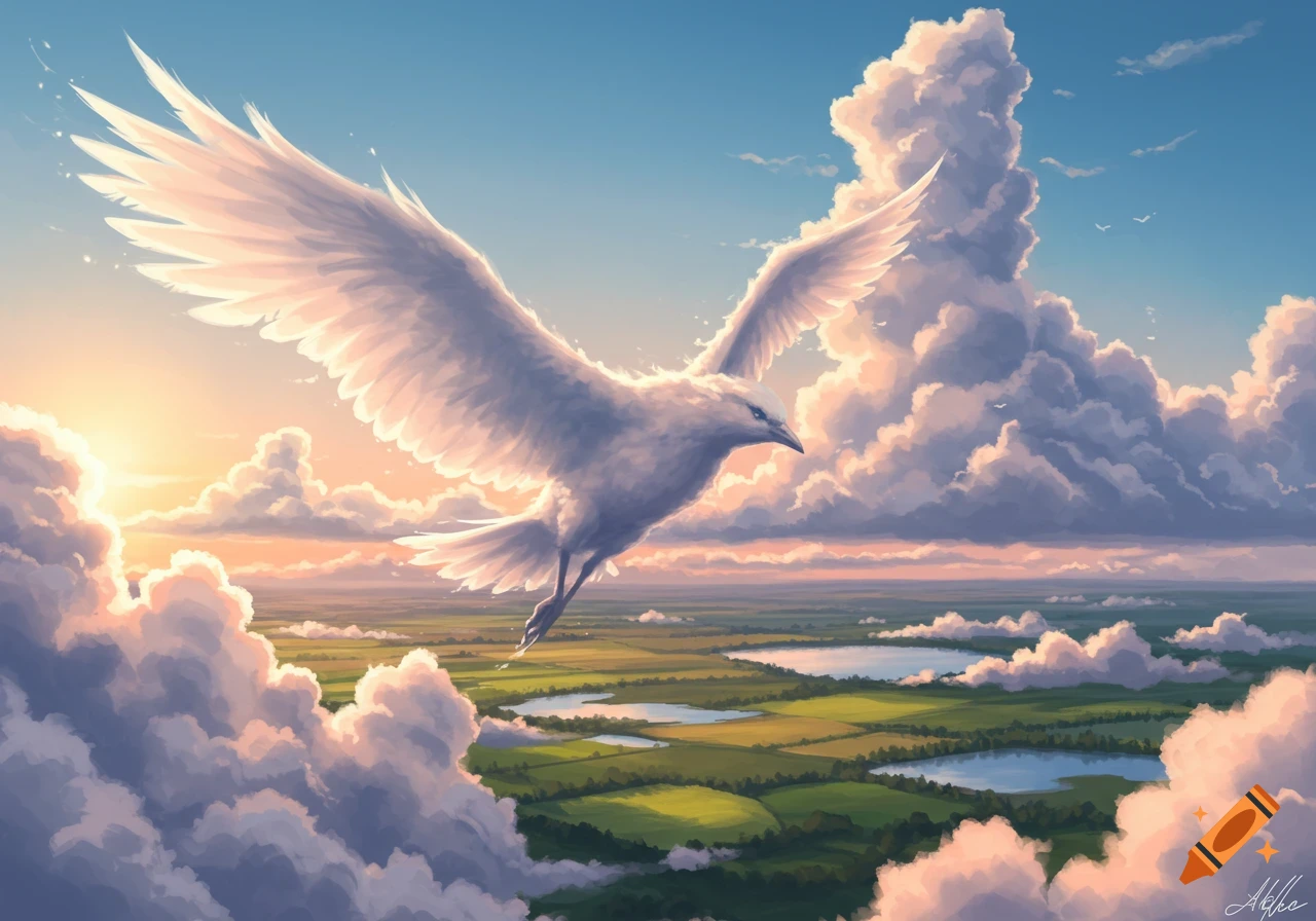 A large white bird with glowing wings soars through sunlit clouds above a vast green landscape with lakes, in a dreamy art style.