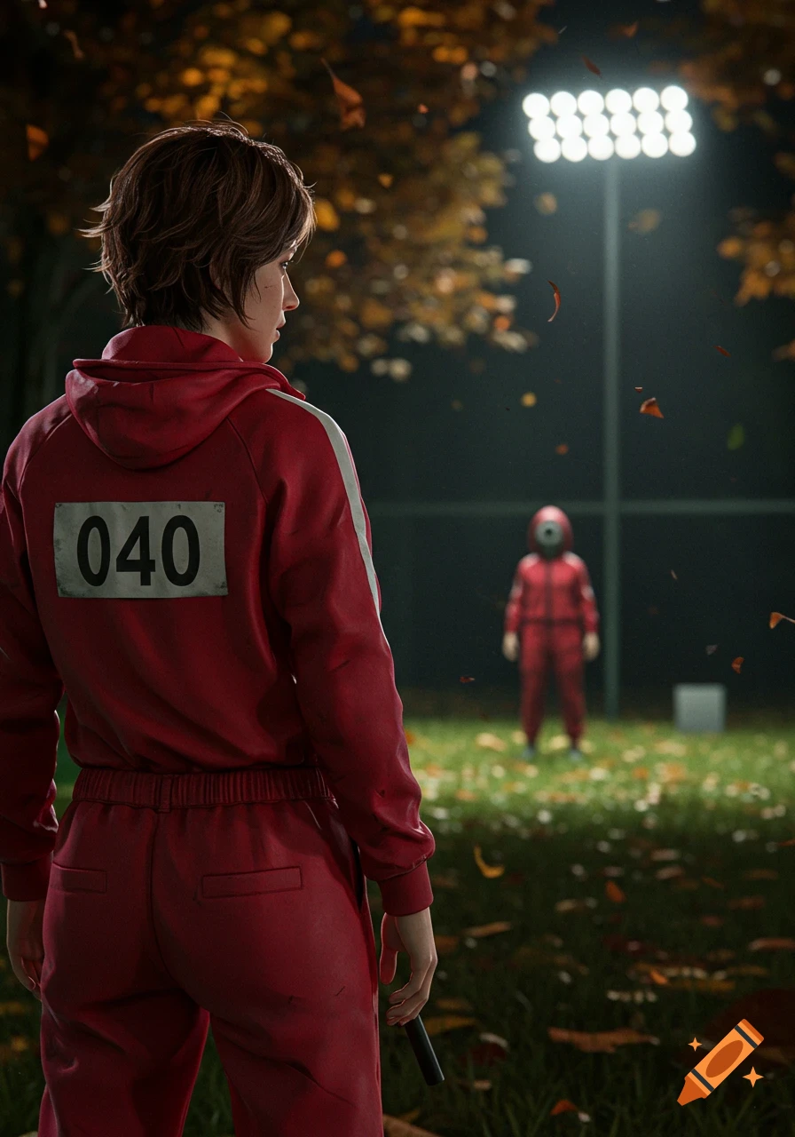 A person in a red tracksuit with number 040 looks at a masked figure across a grassy field at night, illuminated by stadium lights. Photorealistic style.