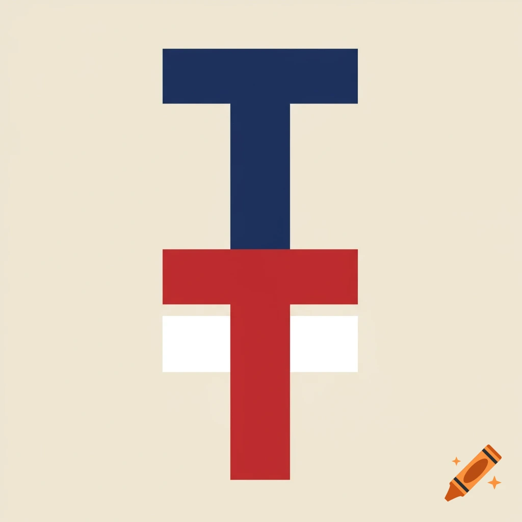 A stylized capital letter T formed by stacked blocks of dark blue, red, and white on a light background.