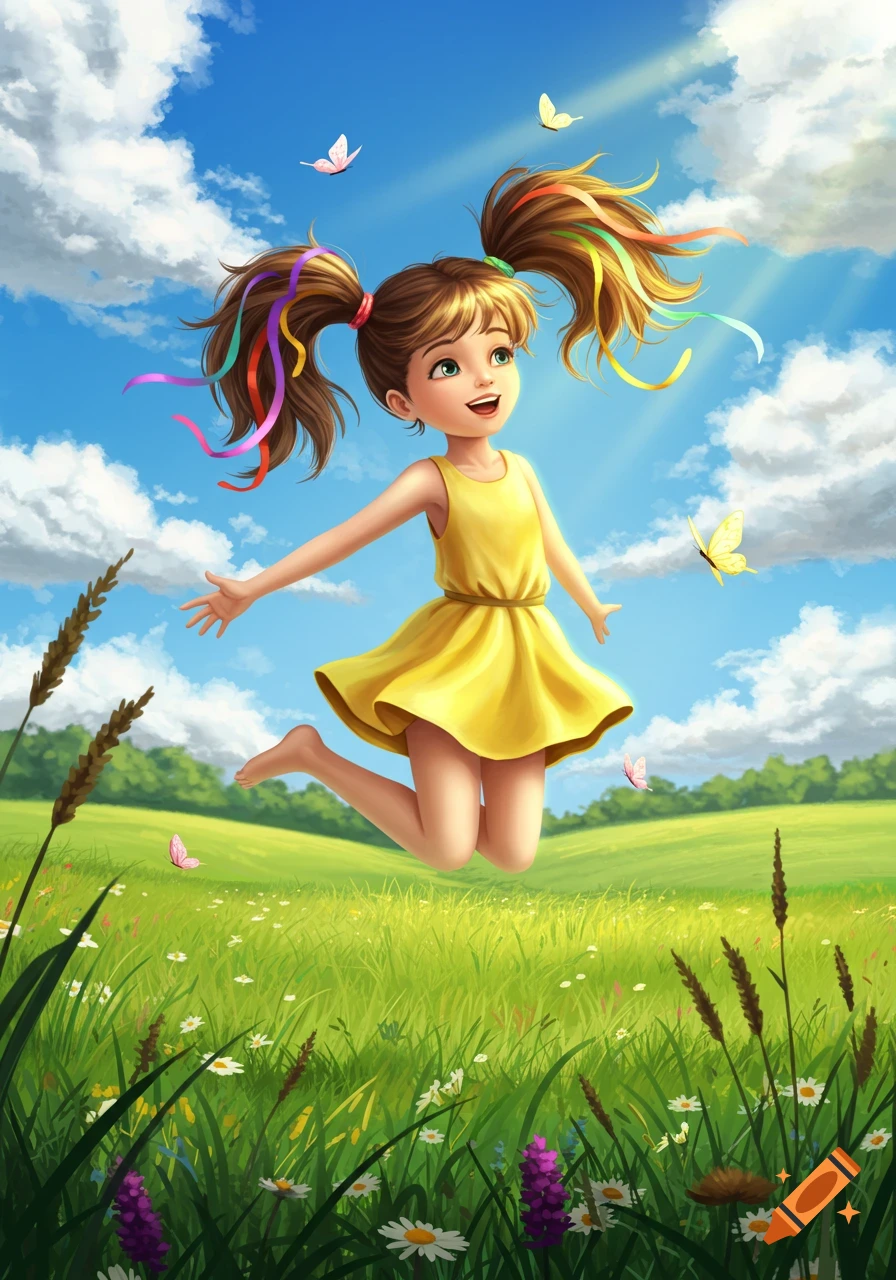A cheerful cartoon girl with ponytails and colorful ribbons jumps in a vibrant green meadow under a blue sky with clouds and butterflies.