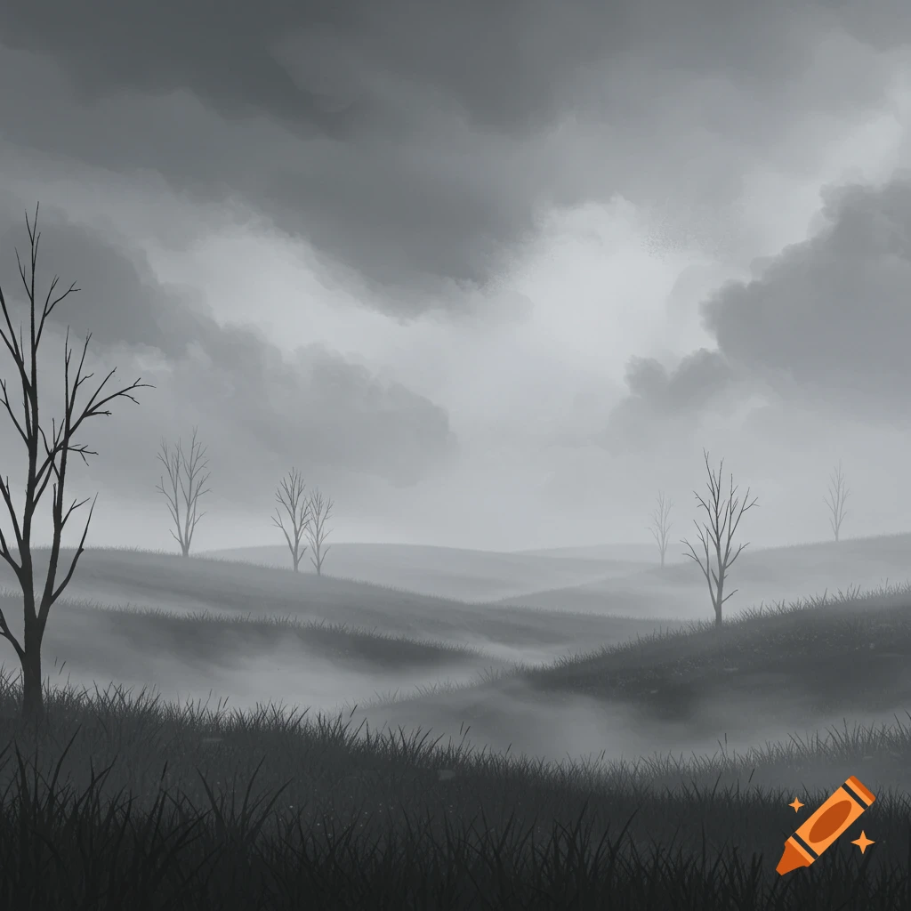A grayscale landscape featuring rolling hills, barren trees, and dense mist under a cloudy sky.