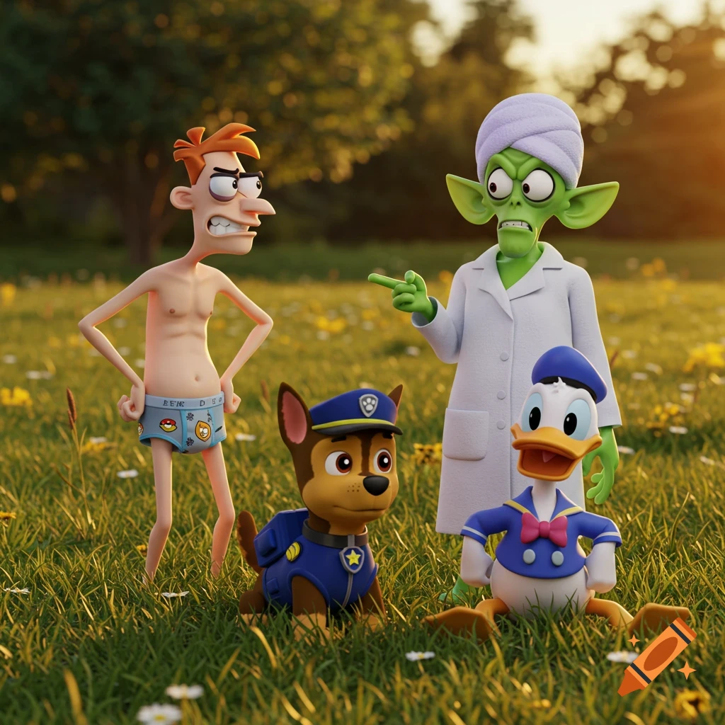 Phineas in underwear, Mojo Jojo in a lab coat and towel, Chase from Paw Patrol, and Donald Duck sit in a sunny grassy field.
