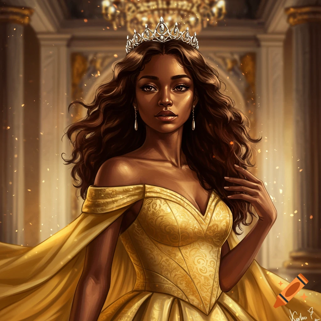 Illustrated fantasy portrait of a dark-skinned princess with brown hair and eyes, wearing a gold dress and silver crown in a grand hall.