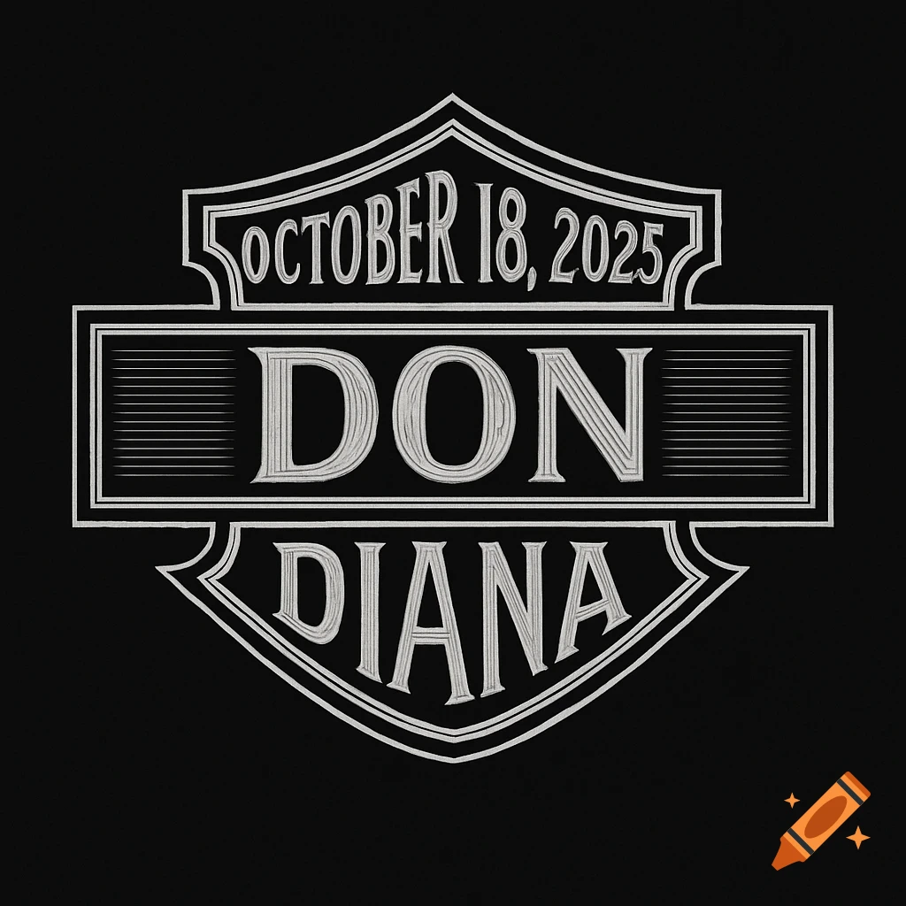 A custom black and white logo resembling a Harley-Davidson badge, featuring the text 'October 18, 2025', 'DON', and 'DIANA' in an embossed style.