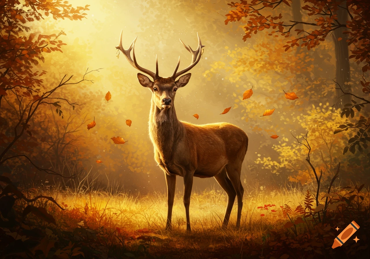 A majestic stag stands in a sunlit autumn forest, with golden leaves falling around it.