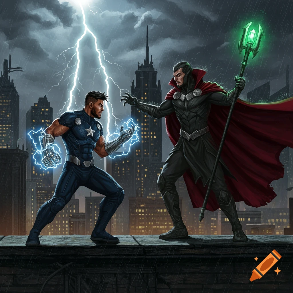 Two superhero-like figures battle on a rainy city rooftop, one wielding lightning, the other a glowing green staff, in a comic art style.