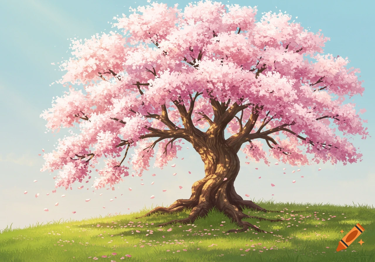A vibrant cherry blossom tree with pink petals on a green grassy hill under a clear blue sky, with some petals falling.