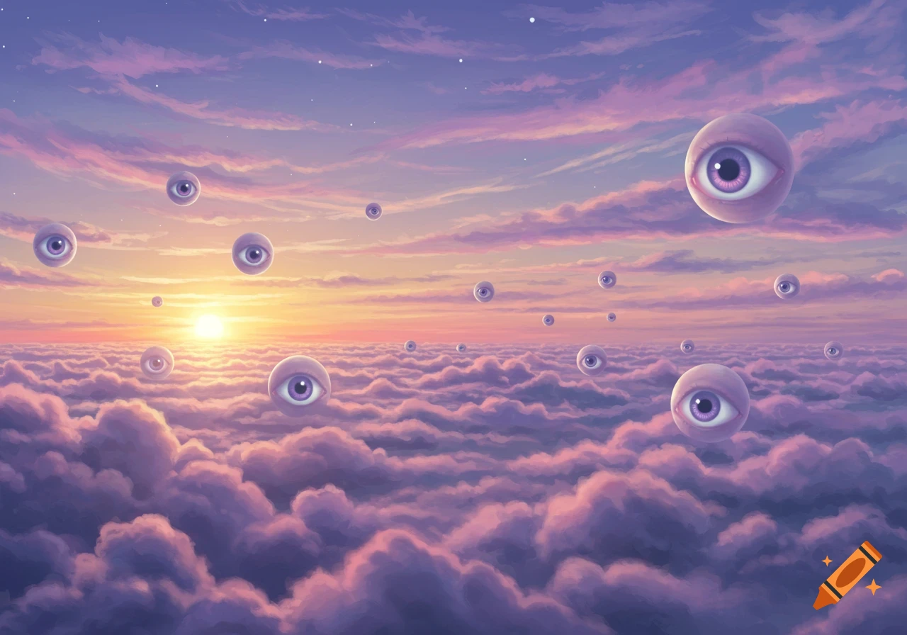Multiple floating eyeballs with purple irises drift above a sea of pink and purple clouds at sunset.