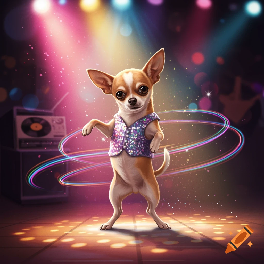 A cute chihuahua dog wearing a sparkly vest dances on its hind legs under colorful disco lights.